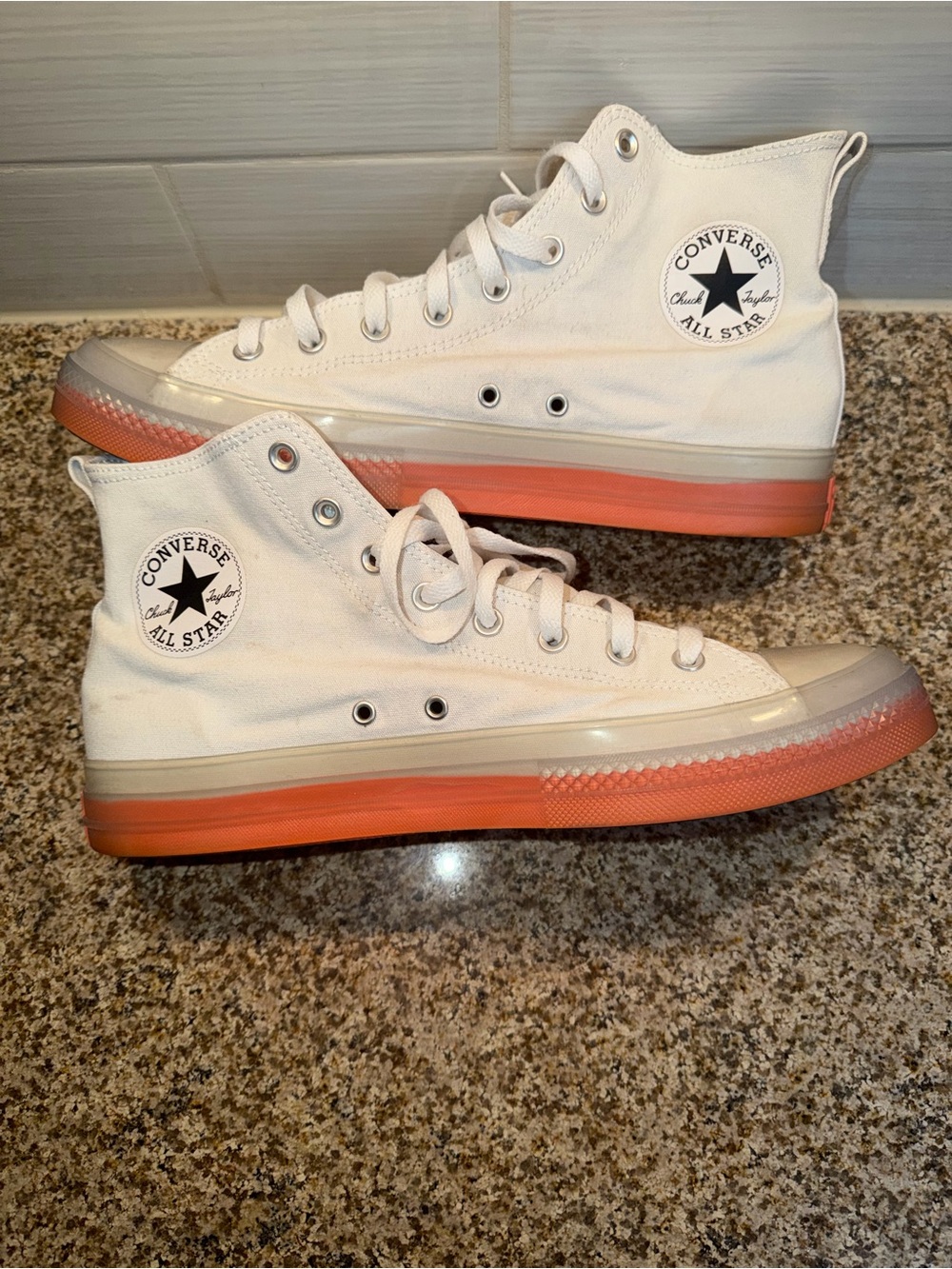 Converse White High Top Sneakers with Coral Gradient Sole